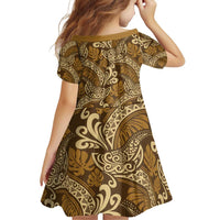 Brown Gold Monstera Family Matching Off Shoulder Short Dress and Hawaiian Shirt Polynesian Tribal Pattern LT01 - Polynesian Pride