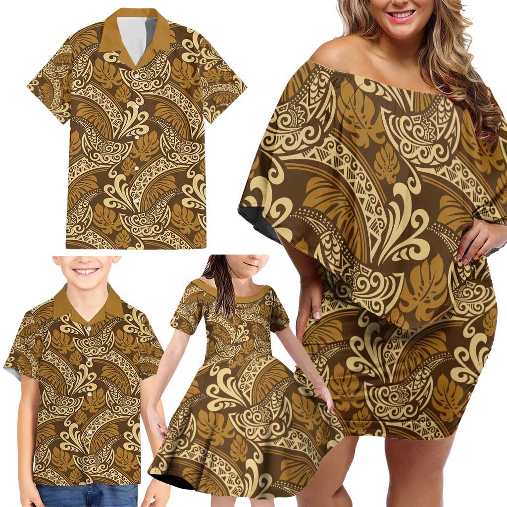 Brown Gold Monstera Family Matching Off Shoulder Short Dress and Hawaiian Shirt Polynesian Tribal Pattern LT01 - Polynesian Pride