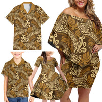 Brown Gold Monstera Family Matching Off Shoulder Short Dress and Hawaiian Shirt Polynesian Tribal Pattern LT01 - Polynesian Pride
