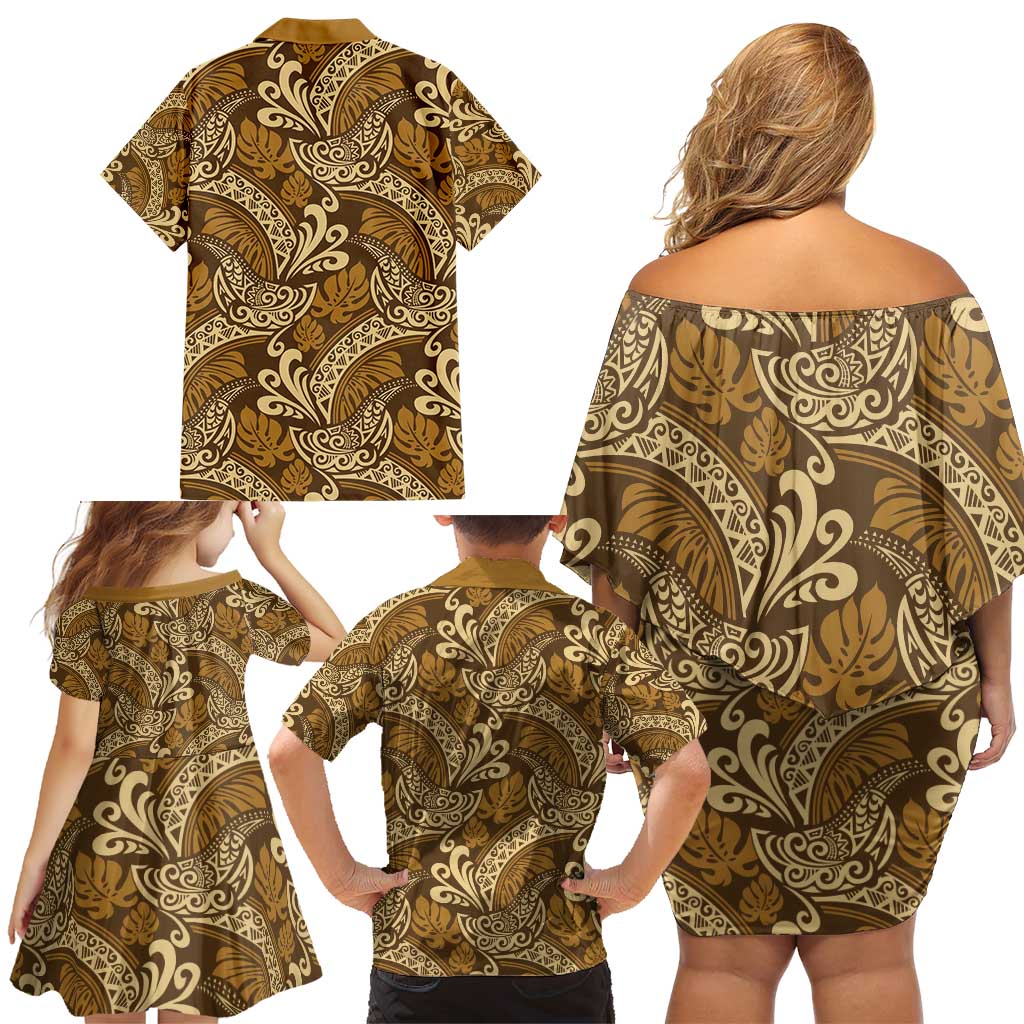 Brown Gold Monstera Family Matching Off Shoulder Short Dress and Hawaiian Shirt Polynesian Tribal Pattern LT01 - Polynesian Pride