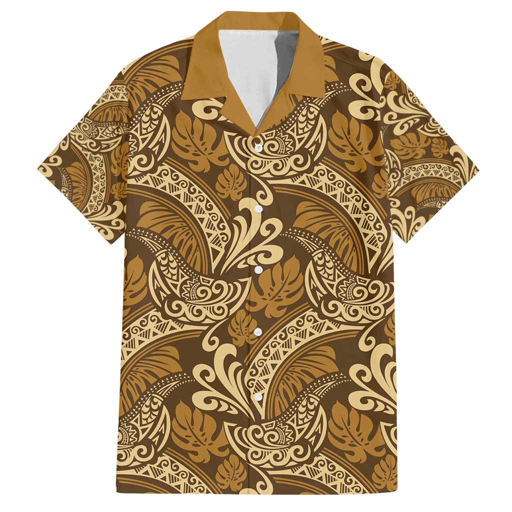 Brown Gold Monstera Family Matching Off Shoulder Short Dress and Hawaiian Shirt Polynesian Tribal Pattern LT01 Dad's Shirt - Short Sleeve Gold - Polynesian Pride