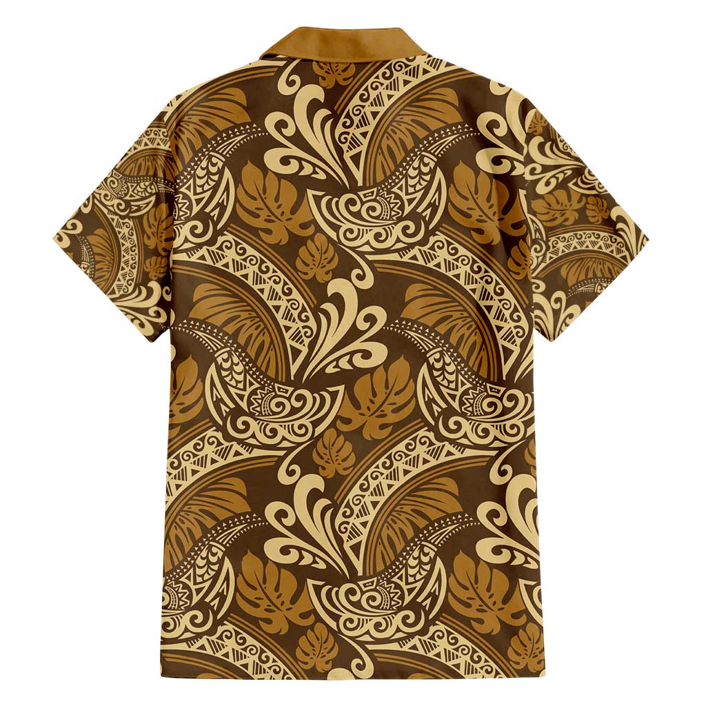 Brown Gold Monstera Family Matching Off Shoulder Short Dress and Hawaiian Shirt Polynesian Tribal Pattern LT01 - Polynesian Pride