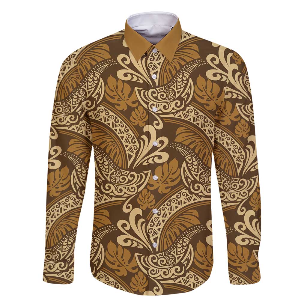 Brown Gold Monstera Family Matching Off Shoulder Short Dress and Hawaiian Shirt Polynesian Tribal Pattern LT01 Dad's Shirt - Long Sleeve Gold - Polynesian Pride