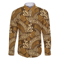 Brown Gold Monstera Family Matching Off Shoulder Short Dress and Hawaiian Shirt Polynesian Tribal Pattern LT01 Dad's Shirt - Long Sleeve Gold - Polynesian Pride