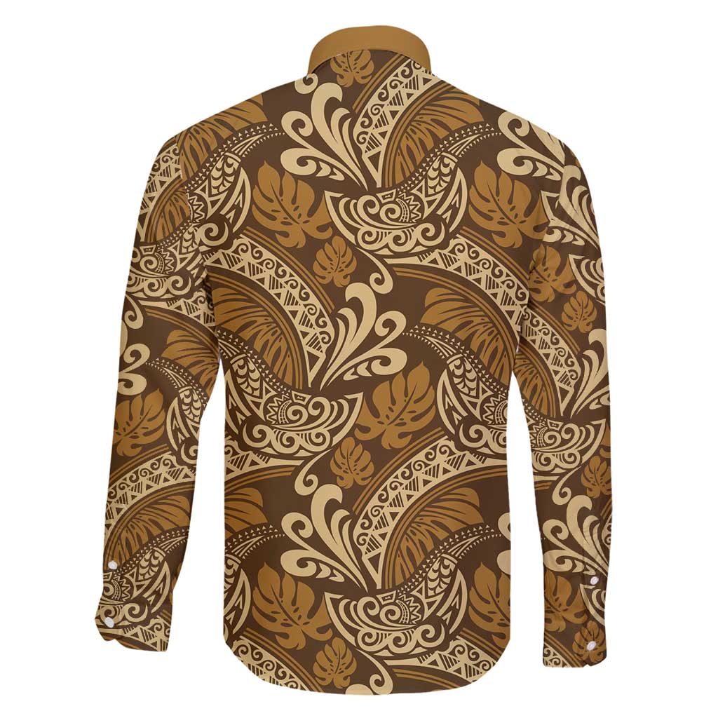 Brown Gold Monstera Family Matching Off Shoulder Short Dress and Hawaiian Shirt Polynesian Tribal Pattern LT01 - Polynesian Pride