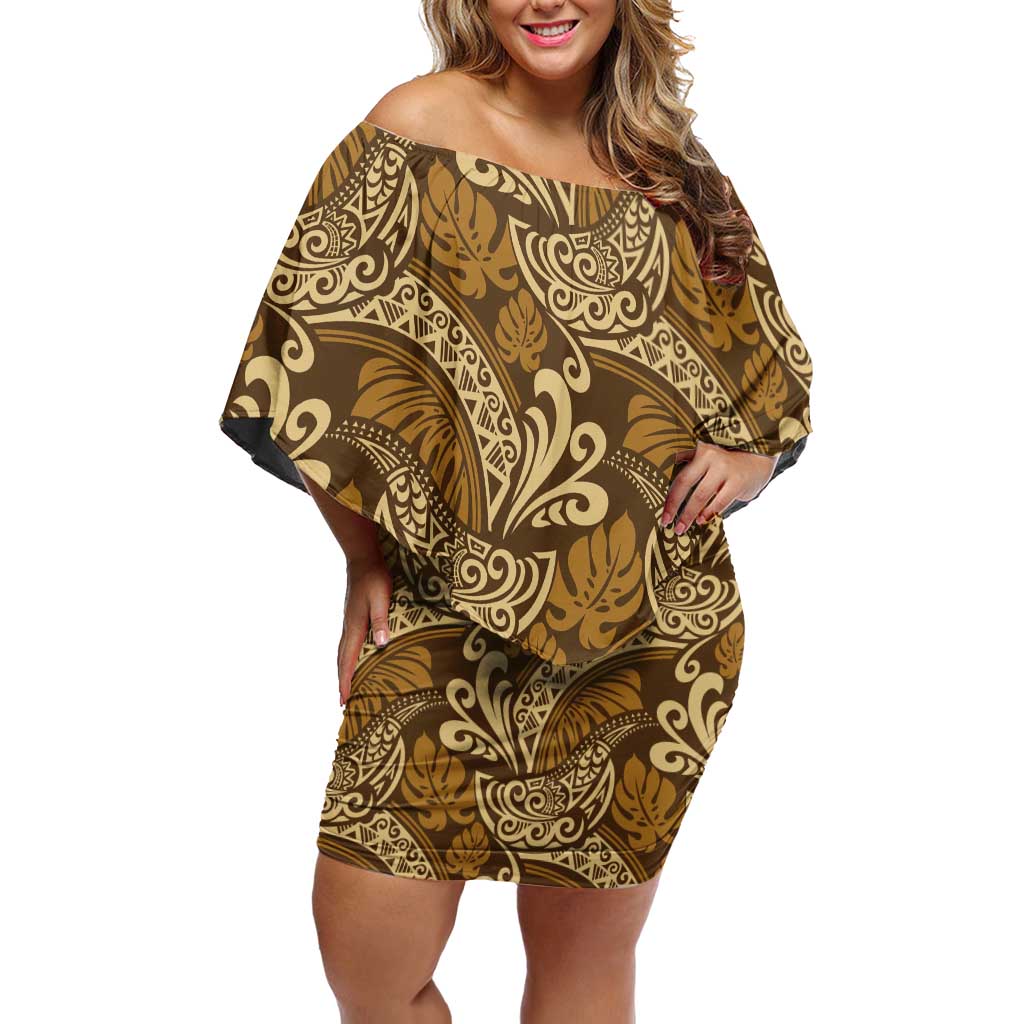 Brown Gold Monstera Family Matching Off Shoulder Short Dress and Hawaiian Shirt Polynesian Tribal Pattern LT01 Mom's Dress Gold - Polynesian Pride