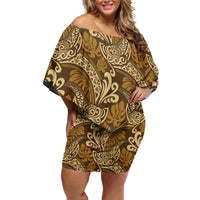 Brown Gold Monstera Family Matching Off Shoulder Short Dress and Hawaiian Shirt Polynesian Tribal Pattern LT01 Mom's Dress Gold - Polynesian Pride