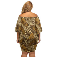 Brown Gold Monstera Family Matching Off Shoulder Short Dress and Hawaiian Shirt Polynesian Tribal Pattern LT01 - Polynesian Pride