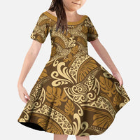 Brown Gold Monstera Family Matching Tank Maxi Dress and Hawaiian Shirt Polynesian Tribal Pattern LT01 Daughter's Dress Gold - Polynesian Pride
