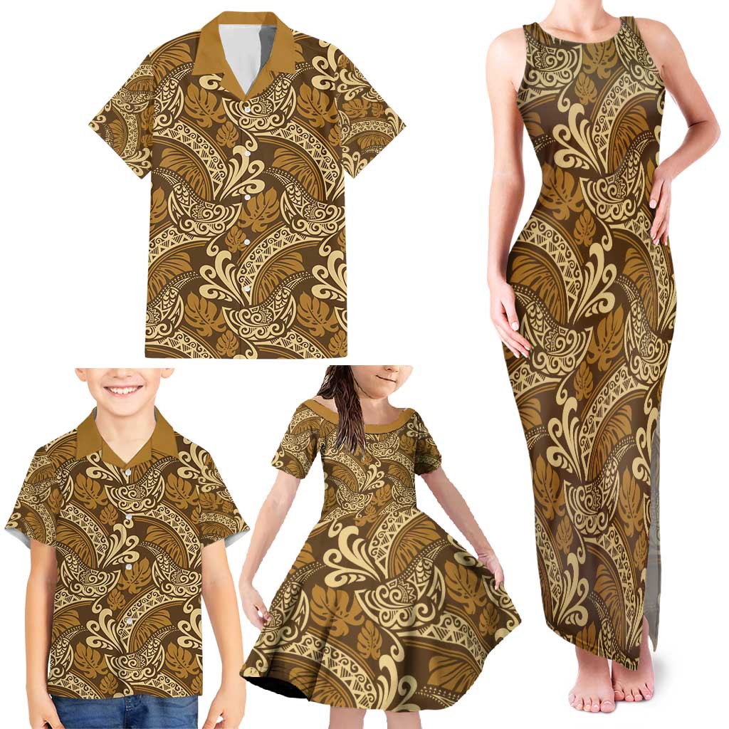 Brown Gold Monstera Family Matching Tank Maxi Dress and Hawaiian Shirt Polynesian Tribal Pattern LT01 - Polynesian Pride
