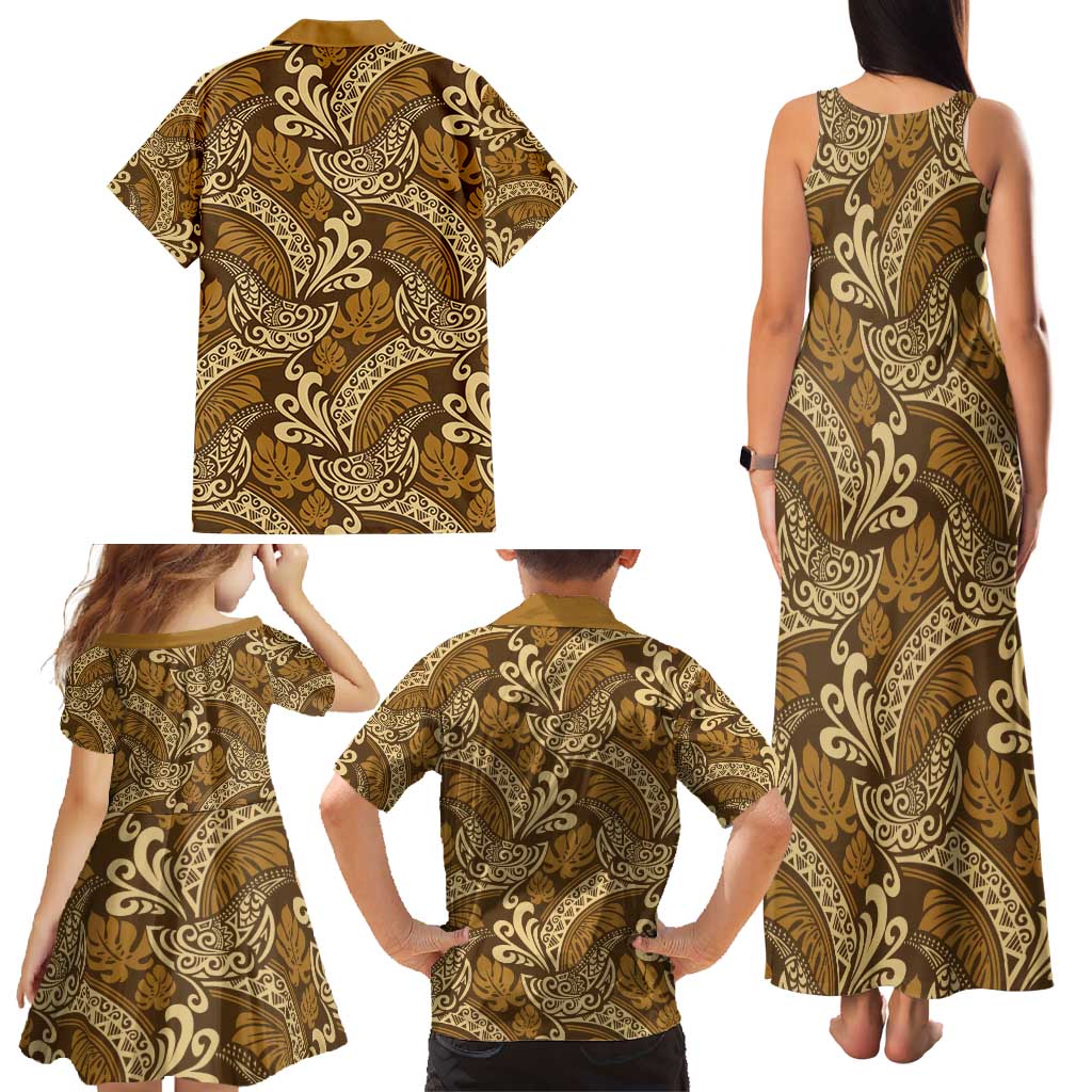 Brown Gold Monstera Family Matching Tank Maxi Dress and Hawaiian Shirt Polynesian Tribal Pattern LT01 - Polynesian Pride