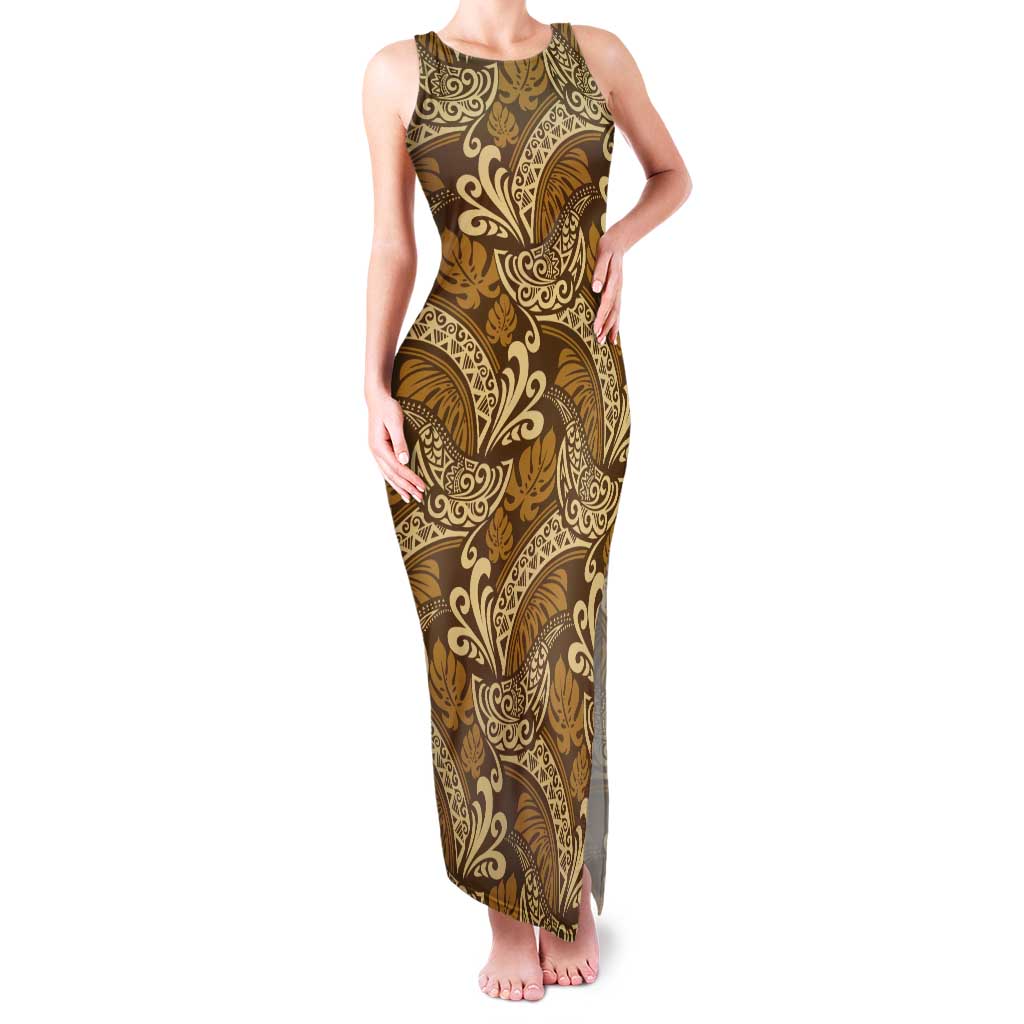 Brown Gold Monstera Family Matching Tank Maxi Dress and Hawaiian Shirt Polynesian Tribal Pattern LT01 Mom's Dress Gold - Polynesian Pride
