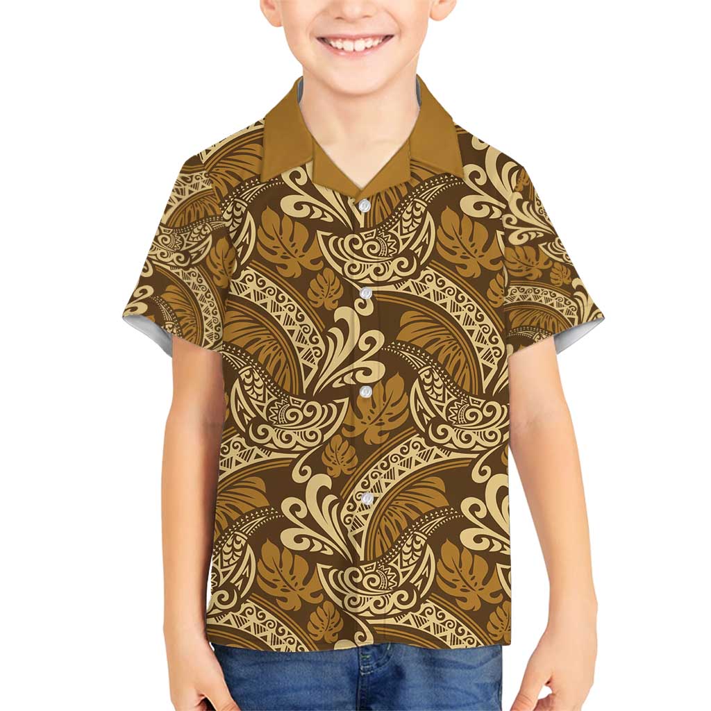Brown Gold Monstera Family Matching Tank Maxi Dress and Hawaiian Shirt Polynesian Tribal Pattern LT01 Son's Shirt Gold - Polynesian Pride