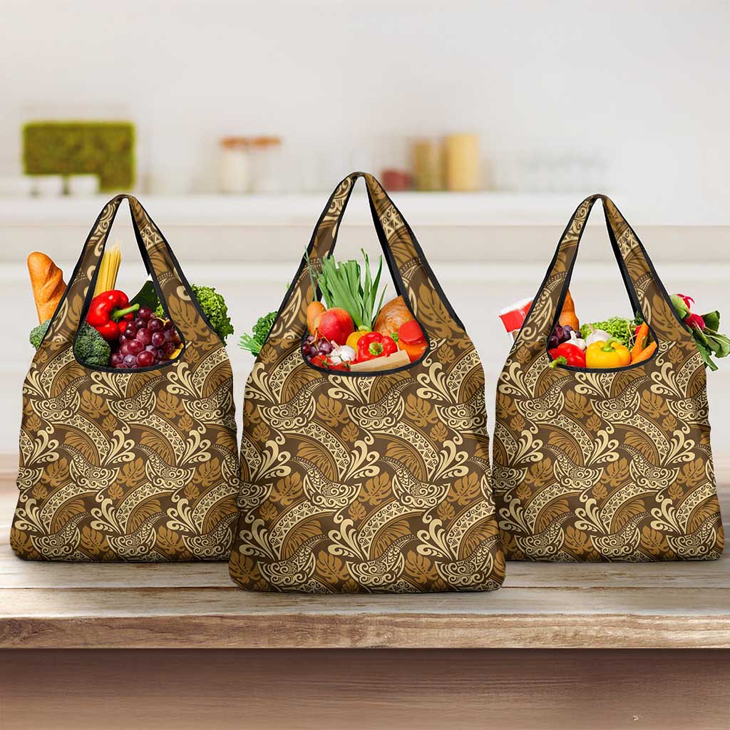 Brown Gold Monstera Grocery Bag Polynesian Tribal Pattern LT01 3-pack One Size Gold - Polynesian Pride