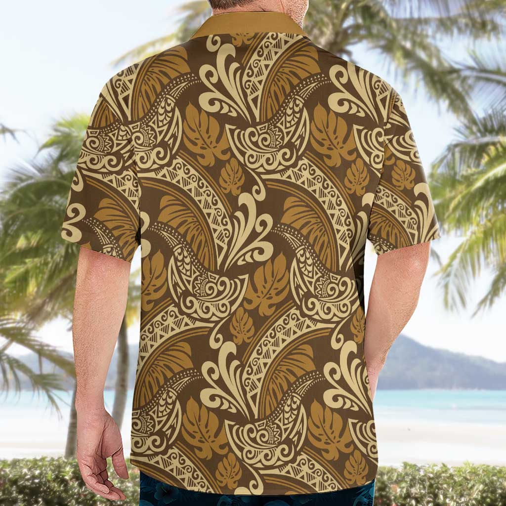 Brown Gold Monstera Hawaiian Shirt Polynesian Tribal Pattern - Polynesian Pride