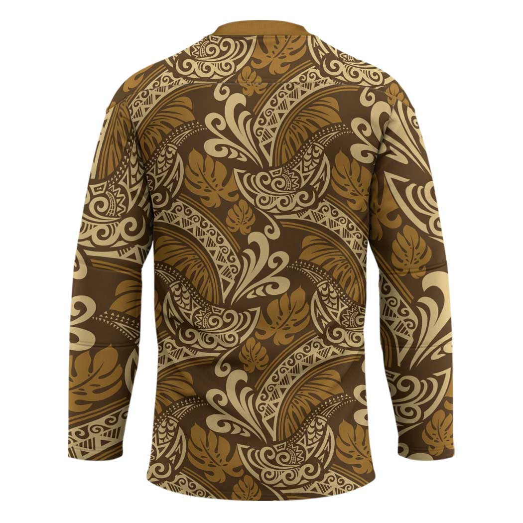 Brown Gold Monstera Hockey Jersey Polynesian Tribal Pattern - Polynesian Pride