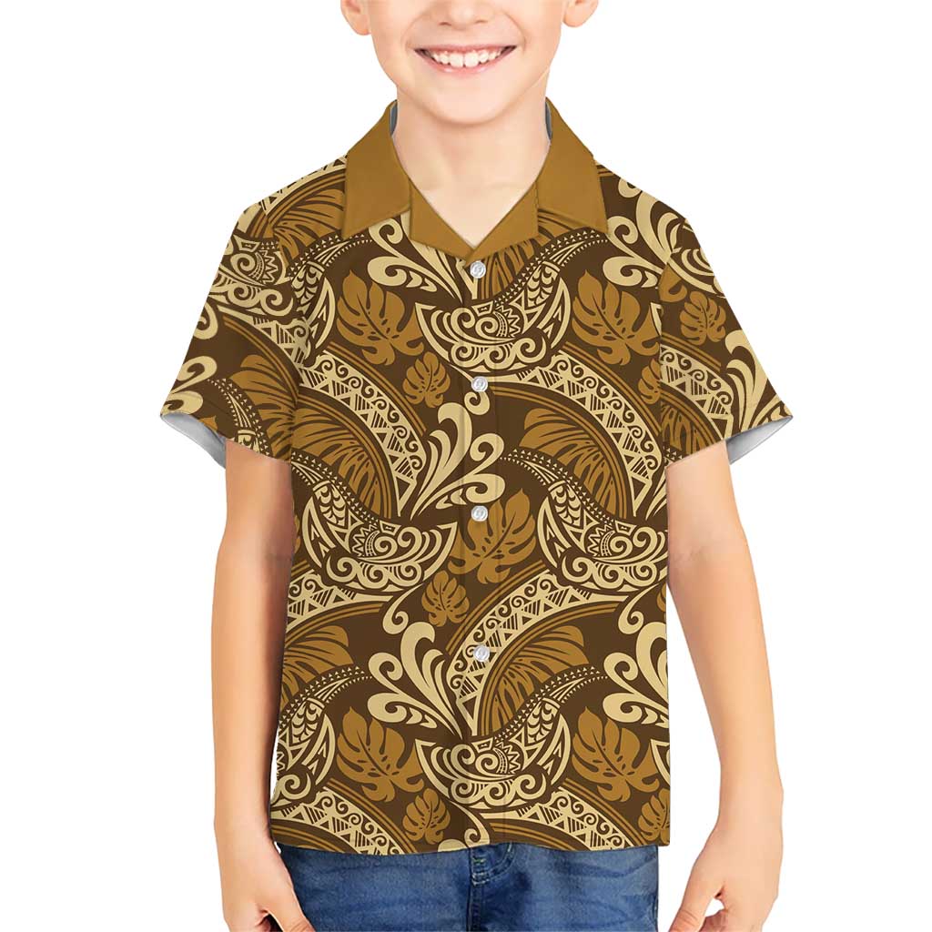 Brown Gold Monstera Kid Hawaiian Shirt Polynesian Tribal Pattern LT01 Kid Gold - Polynesian Pride