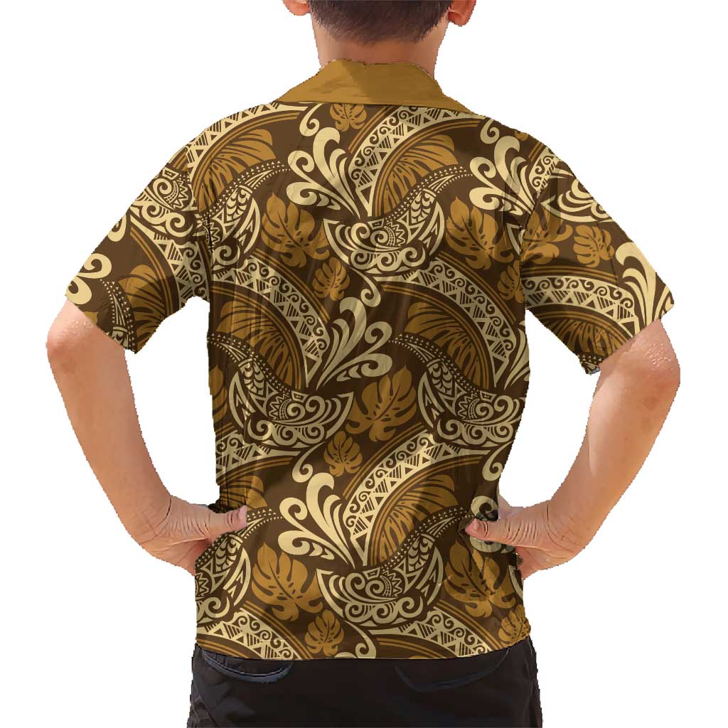 Brown Gold Monstera Kid Hawaiian Shirt Polynesian Tribal Pattern LT01 - Polynesian Pride