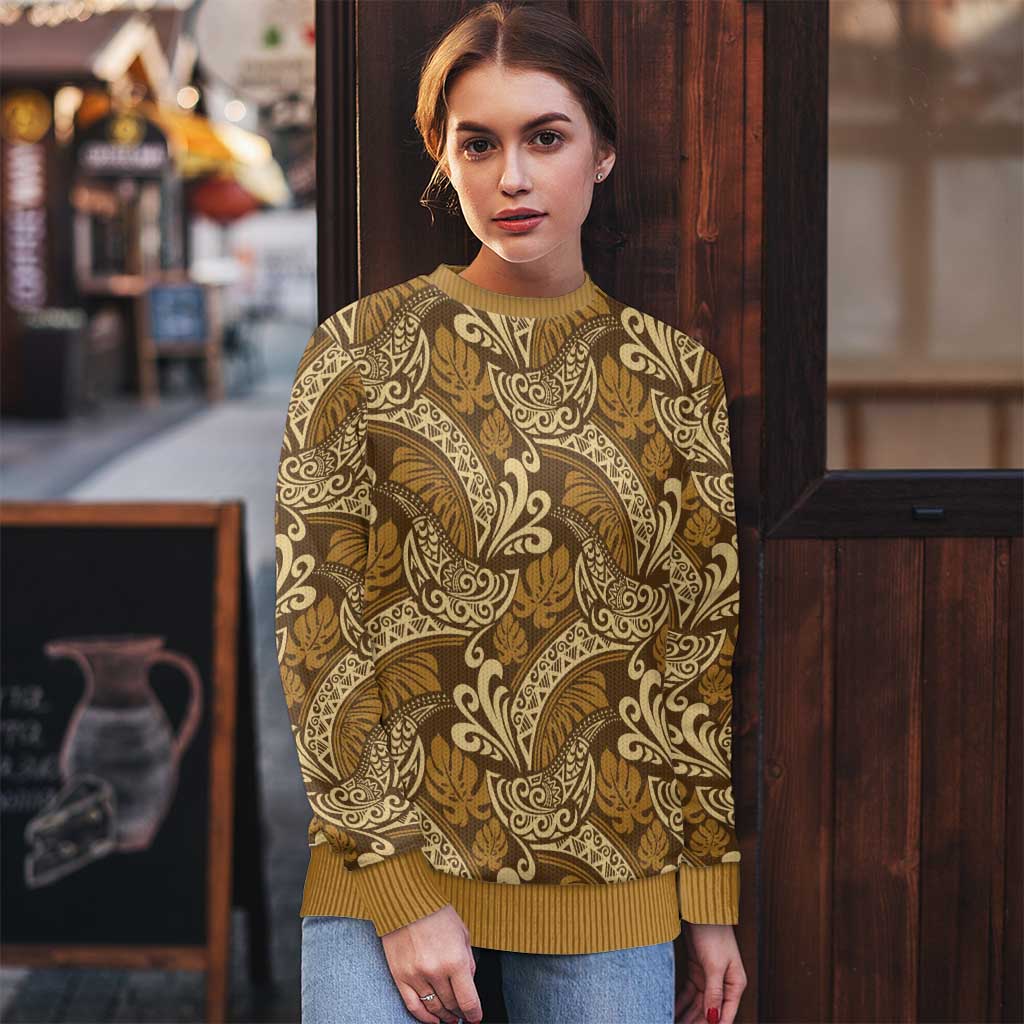 Brown Gold Monstera Ugly Christmas Sweater Polynesian Tribal Pattern - Polynesian Pride