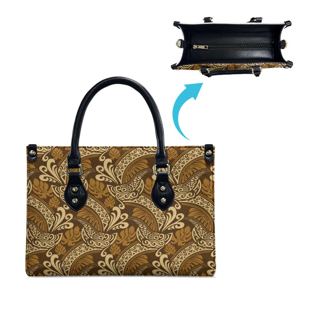 Brown Gold Monstera Leather Bag Polynesian Tribal Pattern - Polynesian Pride