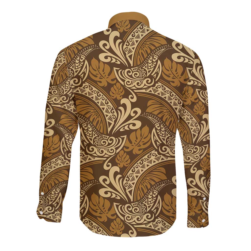 Brown Gold Monstera Long Sleeve Button Shirt Polynesian Tribal Pattern LT01 - Polynesian Pride