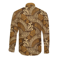 Brown Gold Monstera Long Sleeve Button Shirt Polynesian Tribal Pattern LT01 - Polynesian Pride