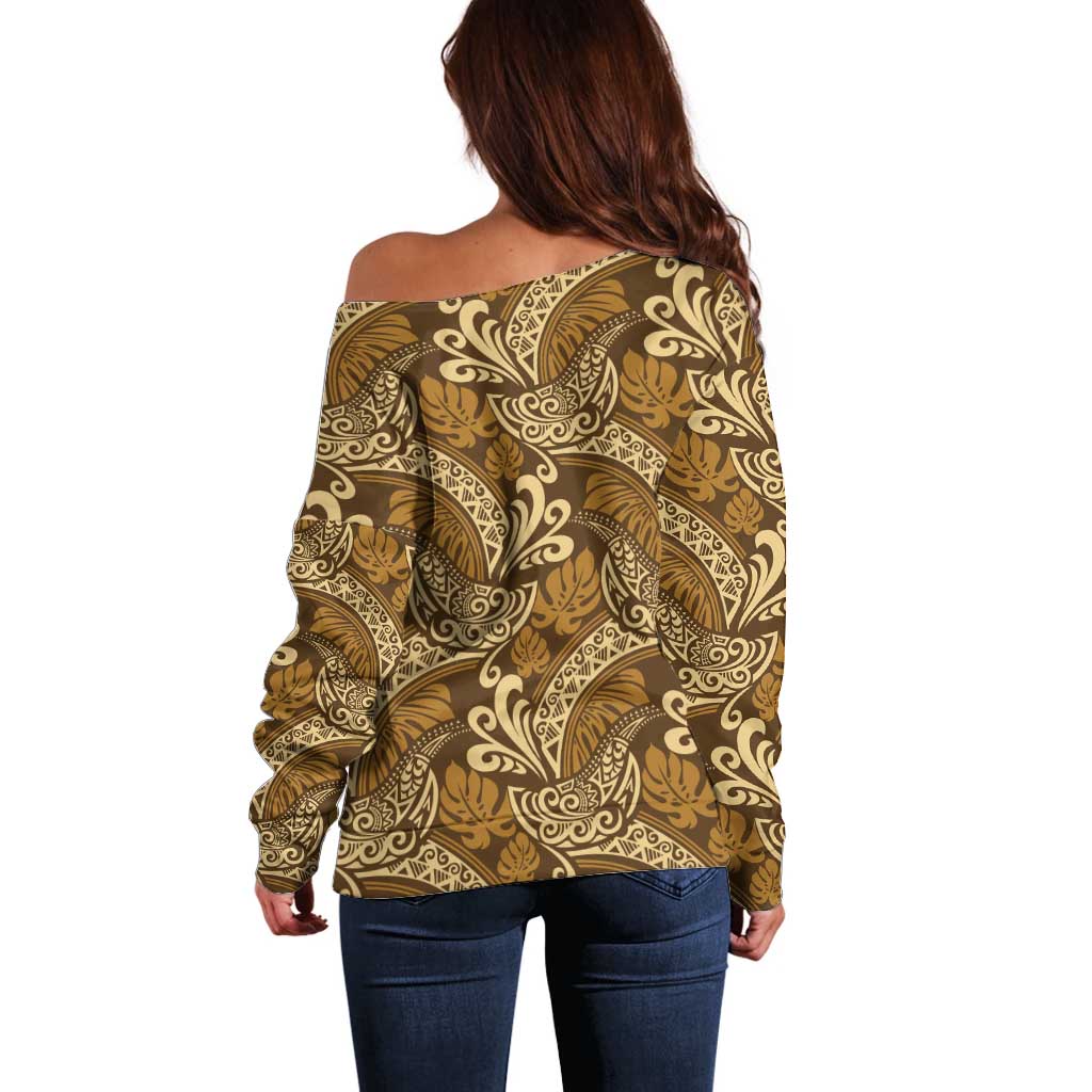 Brown Gold Monstera Off Shoulder Sweater Polynesian Tribal Pattern LT01 - Polynesian Pride
