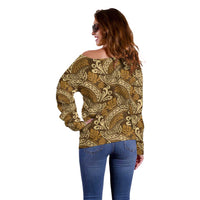 Brown Gold Monstera Off Shoulder Sweater Polynesian Tribal Pattern LT01 - Polynesian Pride