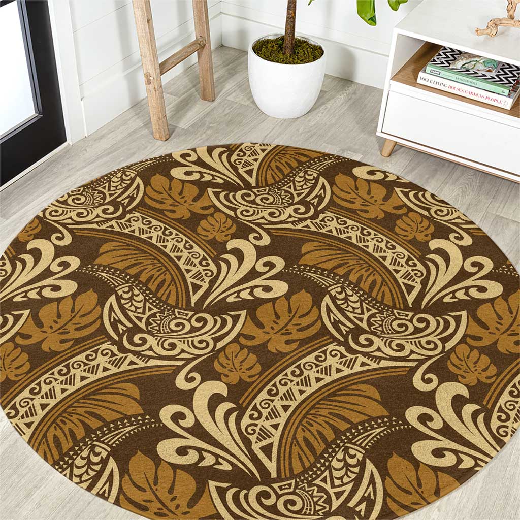 Brown Gold Monstera Round Carpet Polynesian Tribal Pattern LT01 Gold - Polynesian Pride