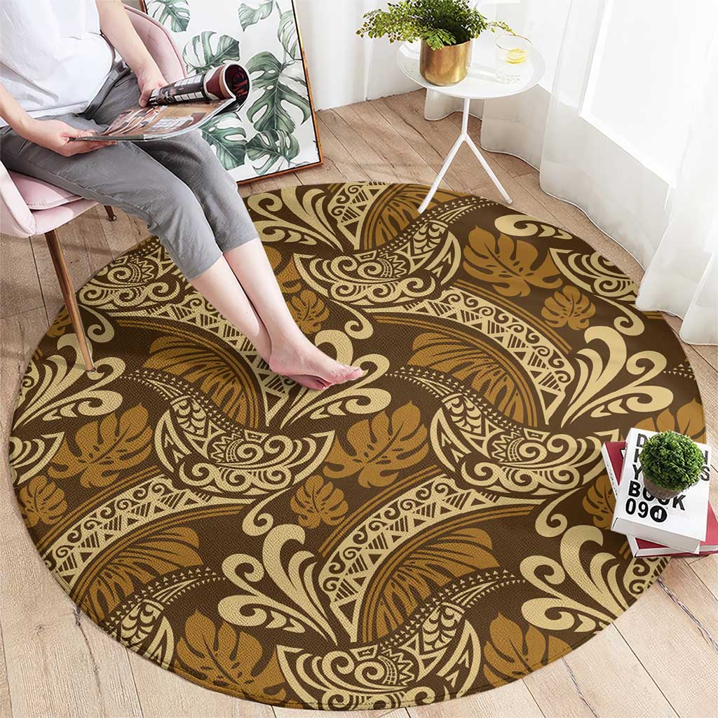 Brown Gold Monstera Round Carpet Polynesian Tribal Pattern LT01 - Polynesian Pride