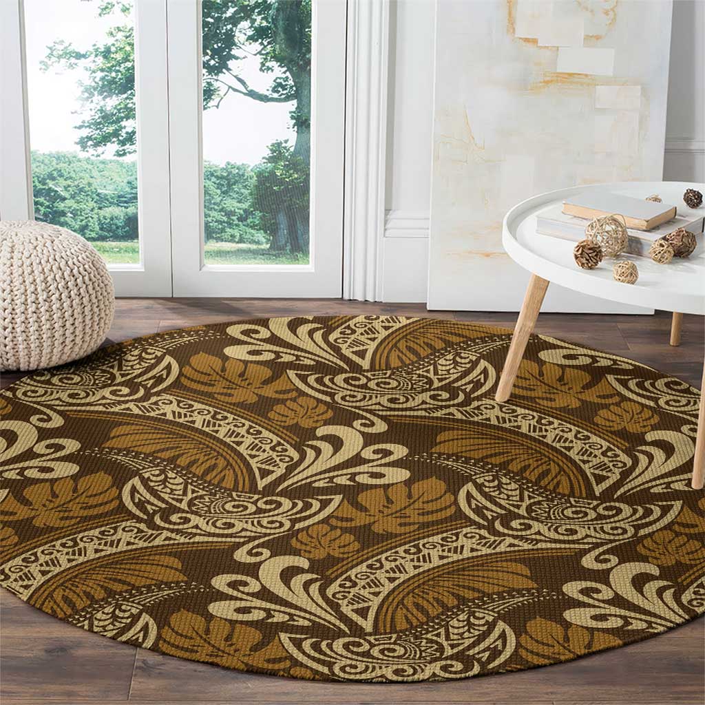Brown Gold Monstera Round Carpet Polynesian Tribal Pattern LT01 - Polynesian Pride