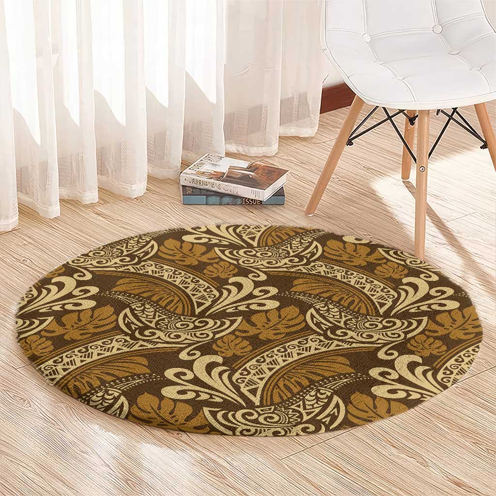 Brown Gold Monstera Round Carpet Polynesian Tribal Pattern LT01 - Polynesian Pride