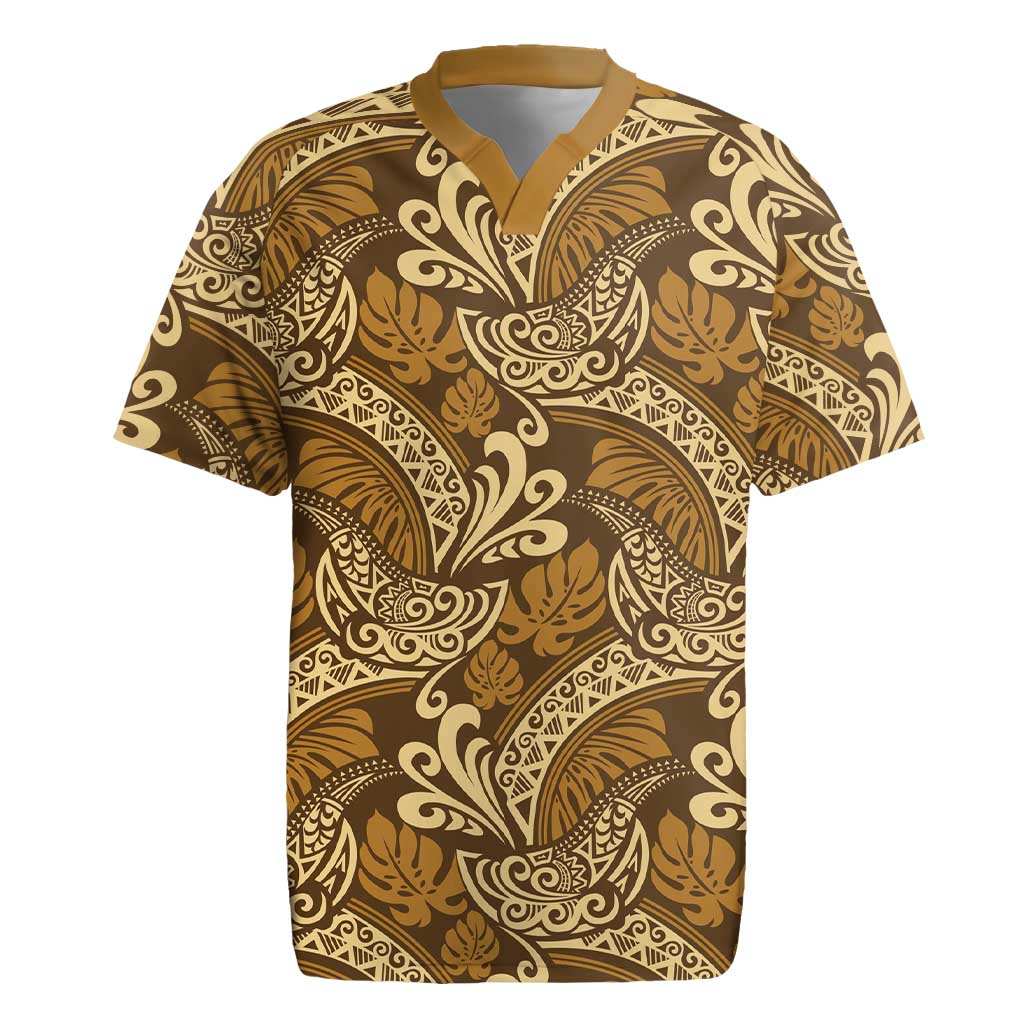 Brown Gold Monstera Rugby Jersey Polynesian Tribal Pattern LT01 Gold - Polynesian Pride