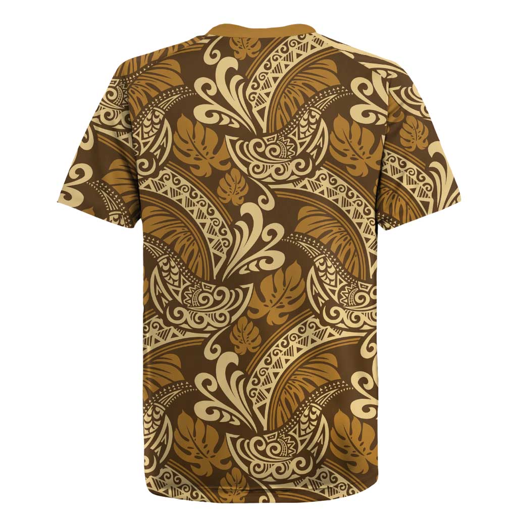 Brown Gold Monstera Rugby Jersey Polynesian Tribal Pattern LT01 - Polynesian Pride