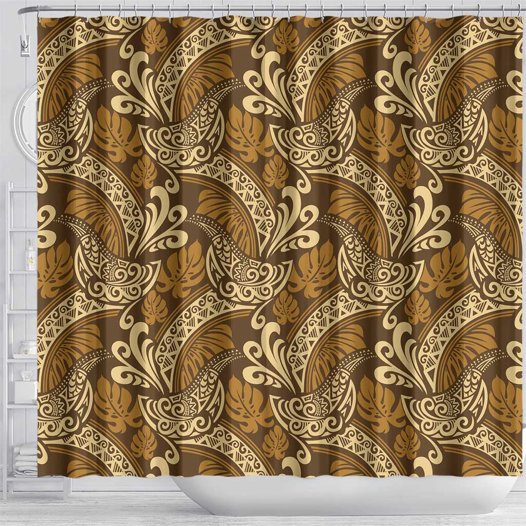 Brown Gold Monstera Shower Curtain Polynesian Tribal Pattern LT01 - Polynesian Pride