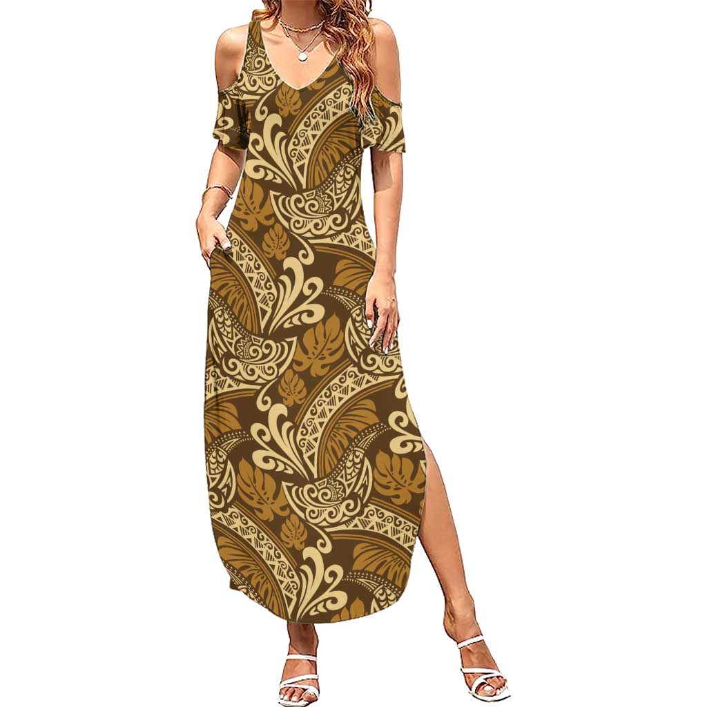 Brown Gold Monstera Summer Maxi Dress Polynesian Tribal Pattern - Polynesian Pride