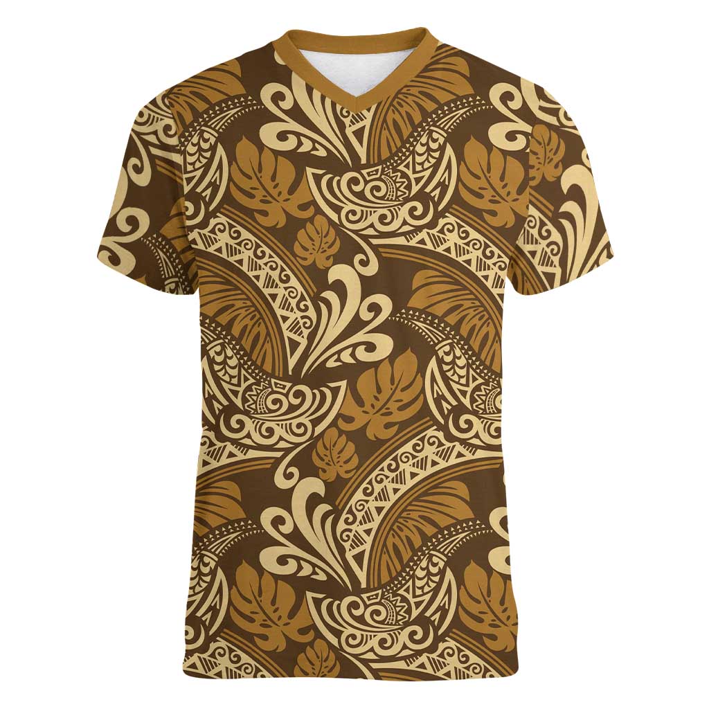 Brown Gold Monstera Women V-Neck T-Shirt Polynesian Tribal Pattern LT01 Female Gold - Polynesian Pride