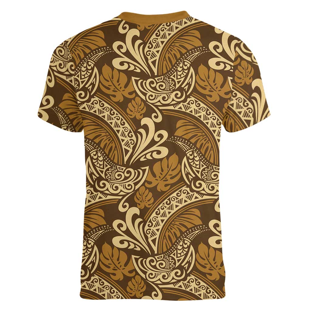 Brown Gold Monstera Women V-Neck T-Shirt Polynesian Tribal Pattern LT01 - Polynesian Pride