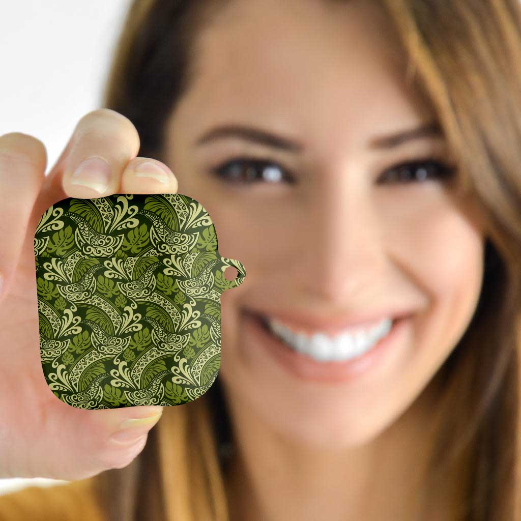Olive Green Monstera AirPods Case Polynesian Tribal Pattern - Polynesian Pride