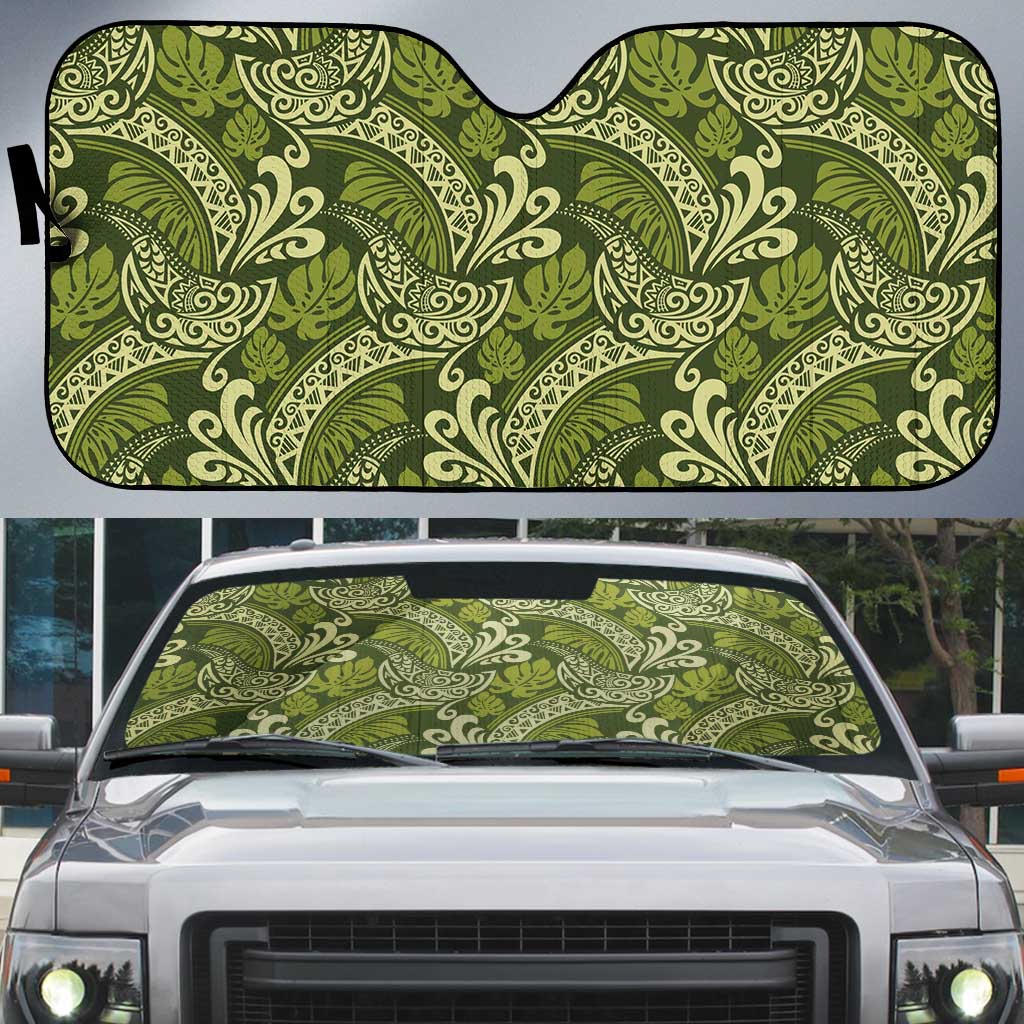 Olive Green Monstera Auto Sun Shade Polynesian Tribal Pattern LT01 Green - Polynesian Pride