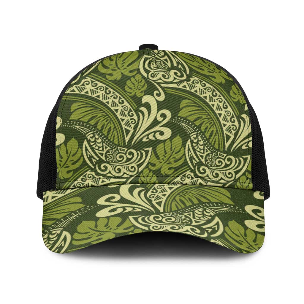 Olive Green Monstera Baseball Net Cap Polynesian Tribal Pattern - Polynesian Pride