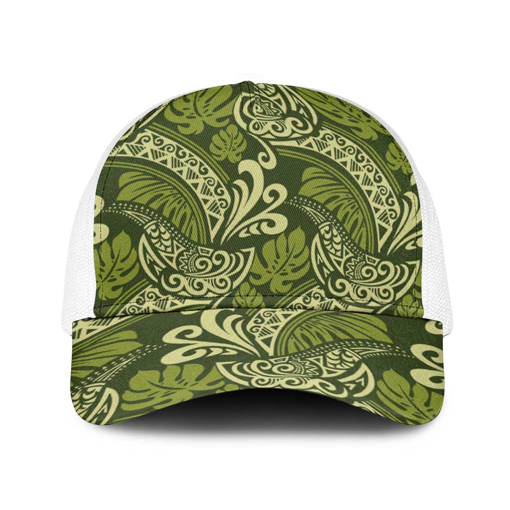 Olive Green Monstera Baseball Net Cap Polynesian Tribal Pattern - Polynesian Pride