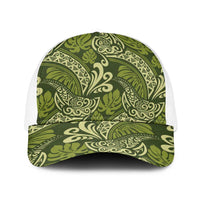 Olive Green Monstera Baseball Net Cap Polynesian Tribal Pattern - Polynesian Pride