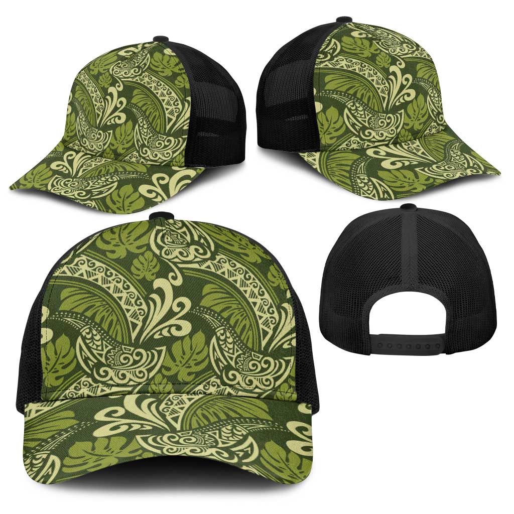 Olive Green Monstera Baseball Net Cap Polynesian Tribal Pattern - Polynesian Pride
