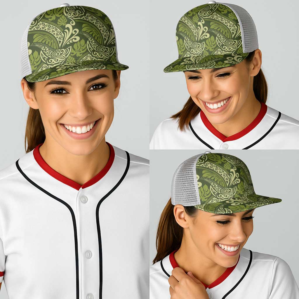 Olive Green Monstera Baseball Net Cap Polynesian Tribal Pattern - Polynesian Pride