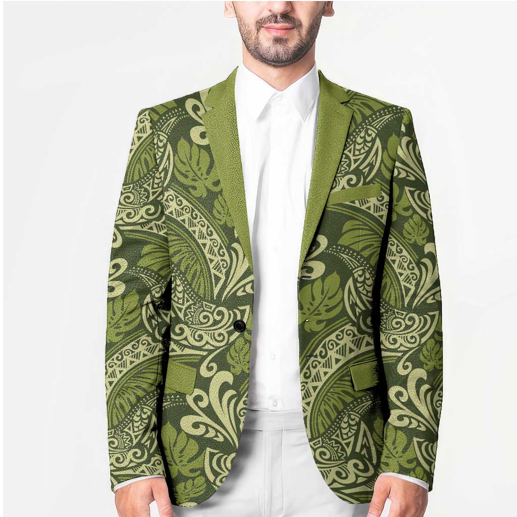 Olive Green Monstera Blazer Polynesian Tribal Pattern LT01 - Polynesian Pride