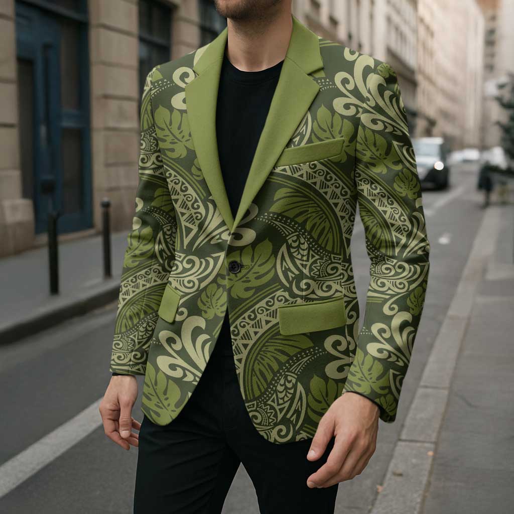 Olive Green Monstera Blazer Polynesian Tribal Pattern LT01 - Polynesian Pride