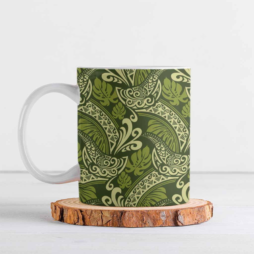Olive Green Monstera Ceramic Mug Polynesian Tribal Pattern LT01 Green - Polynesian Pride