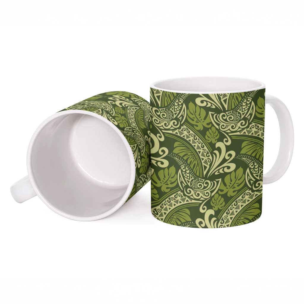 Olive Green Monstera Ceramic Mug Polynesian Tribal Pattern LT01 - Polynesian Pride