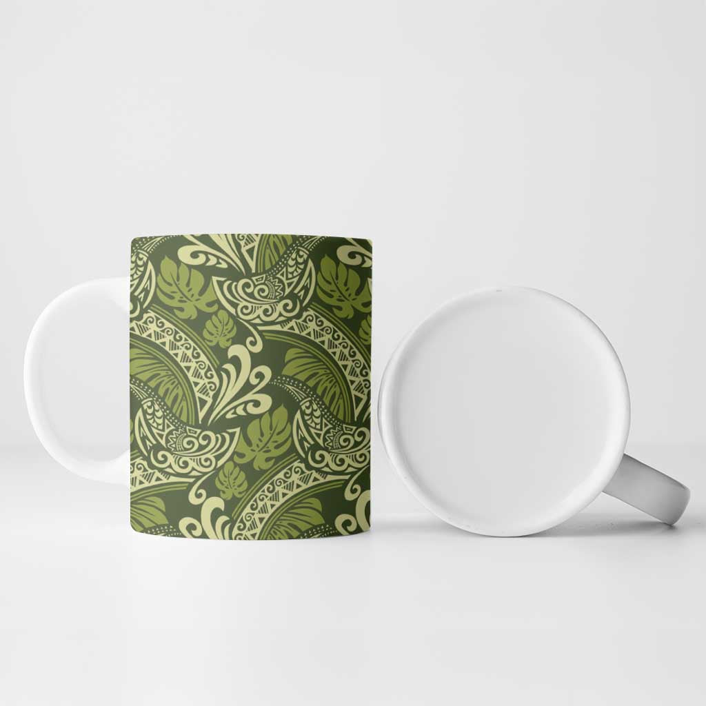 Olive Green Monstera Ceramic Mug Polynesian Tribal Pattern LT01 - Polynesian Pride